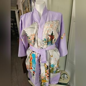 Vintage Ichiban Large Lavender Silk-LIKE Kimono Robe Butterfly Floral NWOT